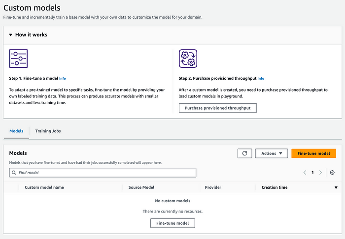 Amazon Bedrock Custom Model Screen