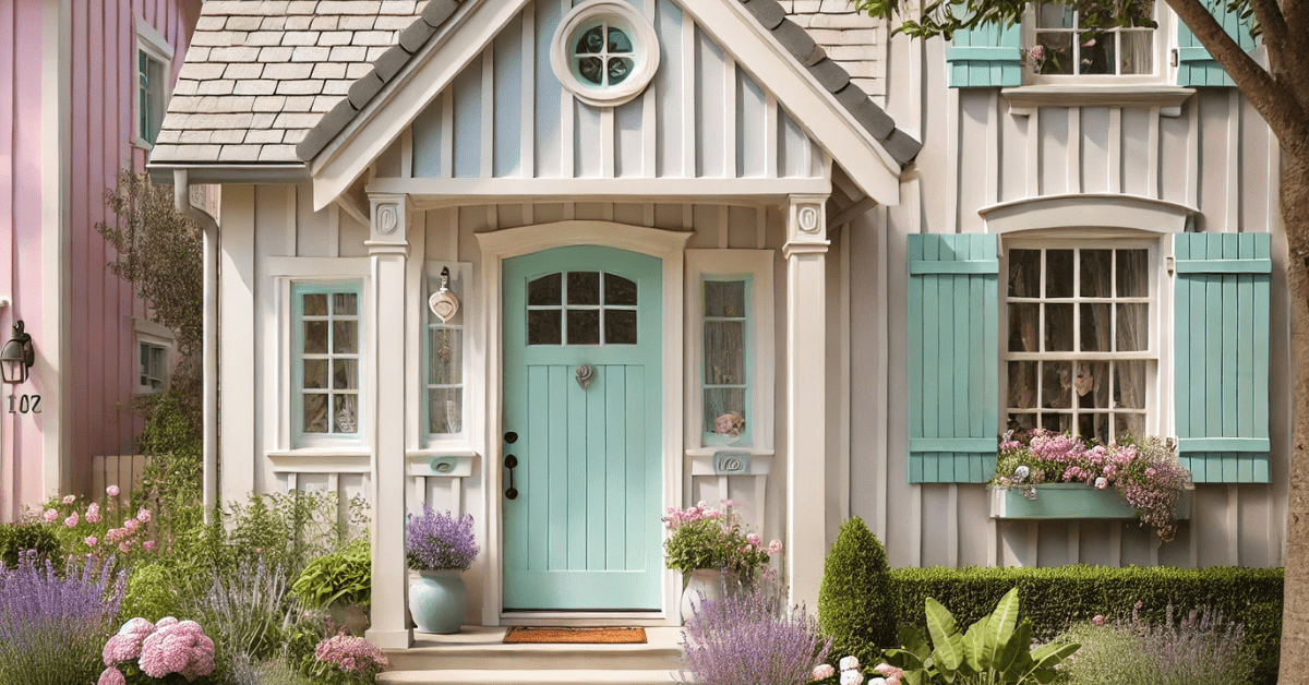 Pestal colored front door of white home