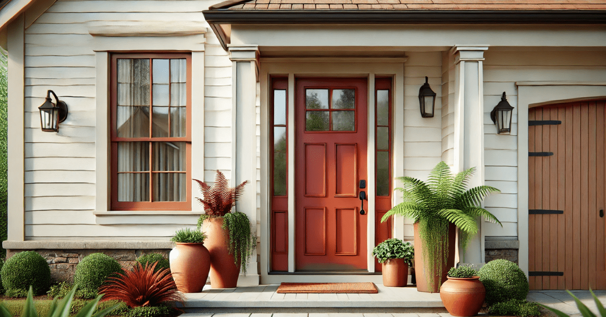 Terracotta and beige front door.