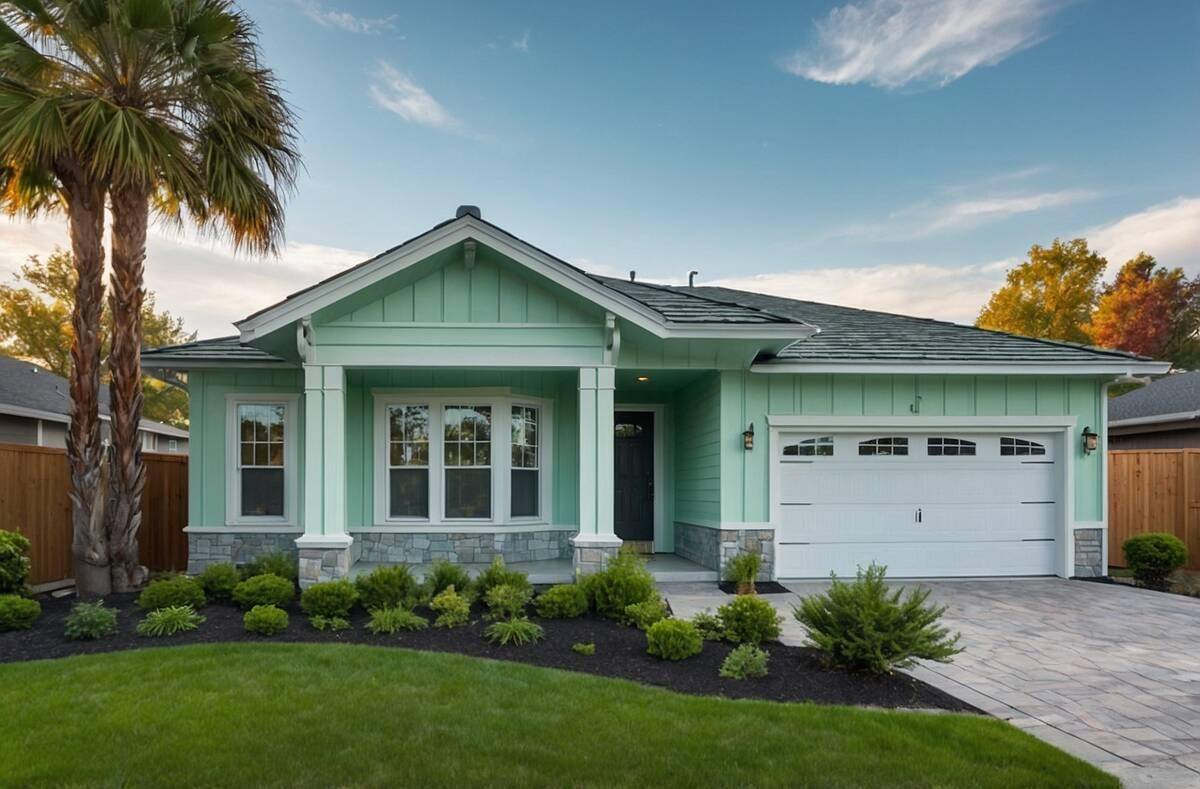 Mint green exterior of a house with white garage door.