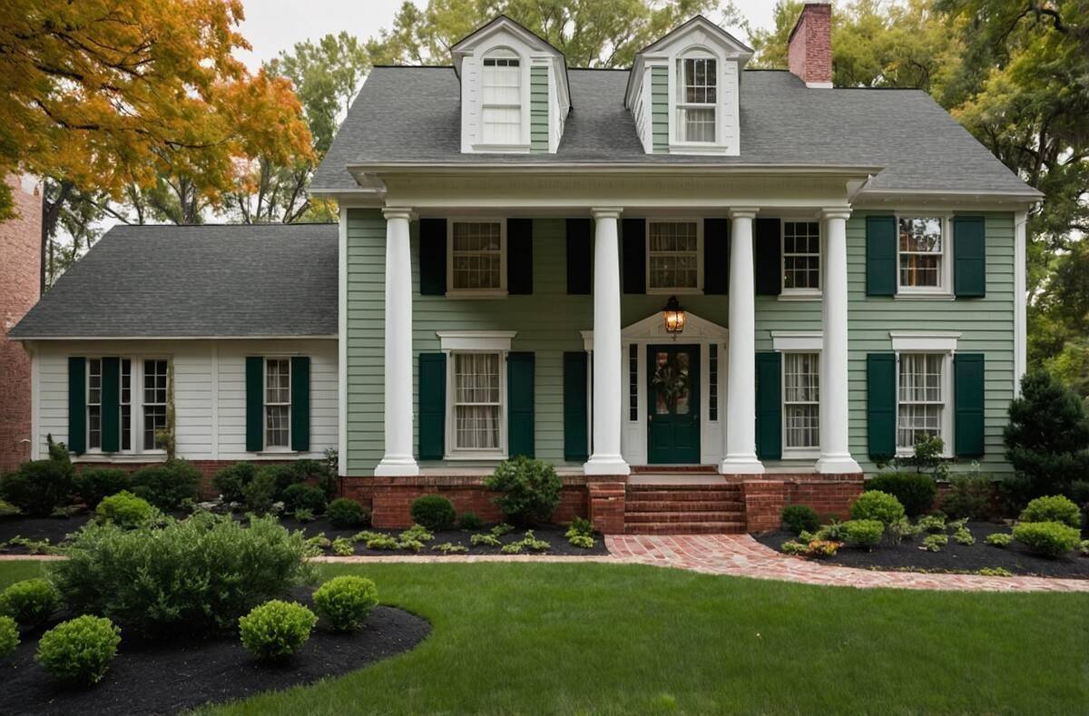 Green house with white pillars up front.