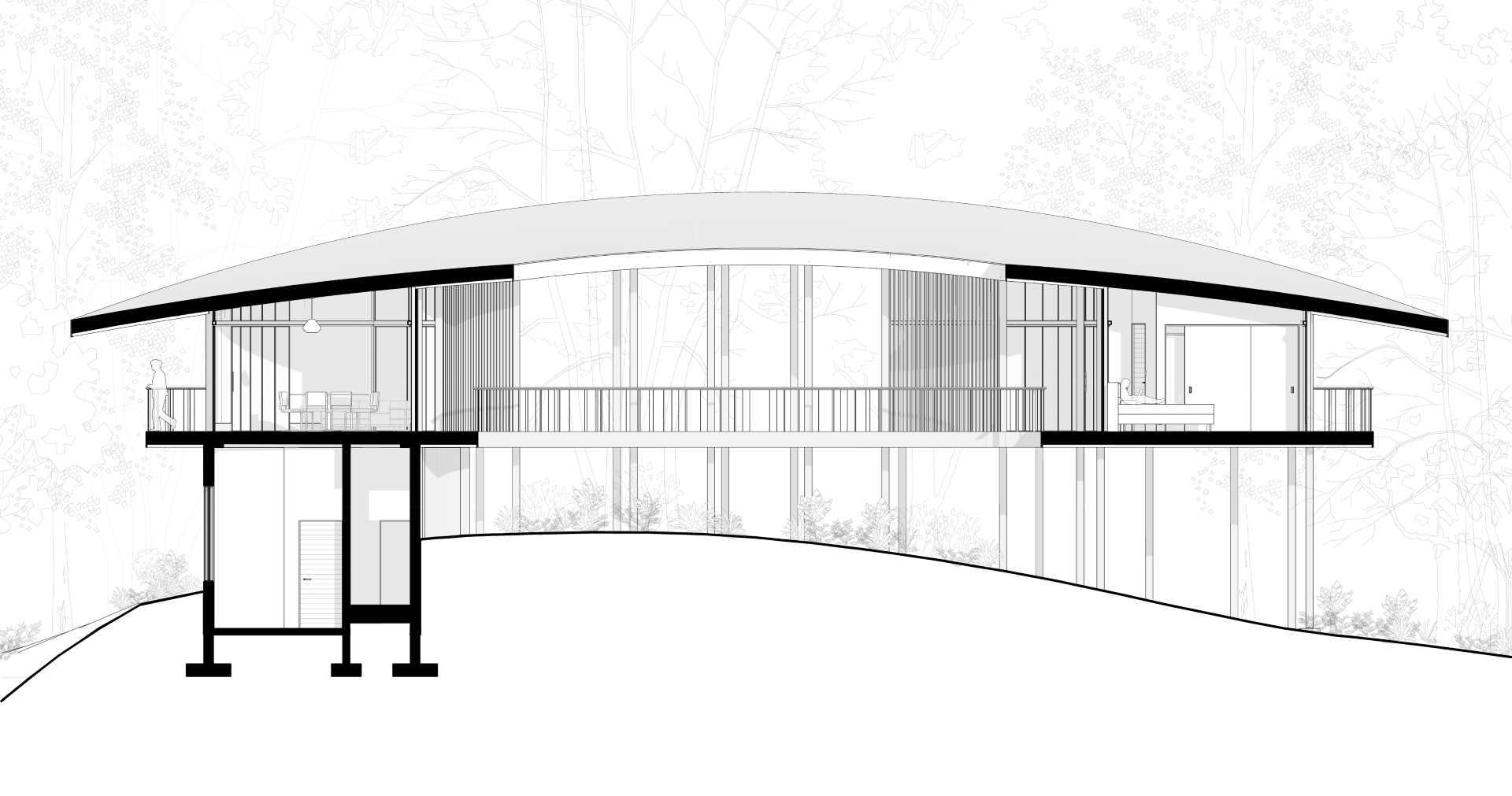 A modern circular off-grid home that's raised up on stilts.