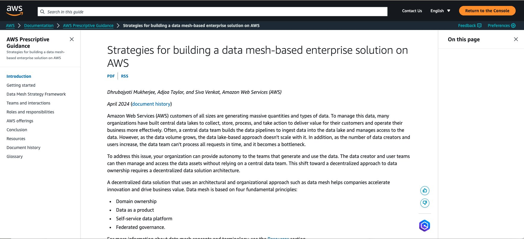 Screenshot showing the AWS Prescriptive Guidance data mesh strategies page