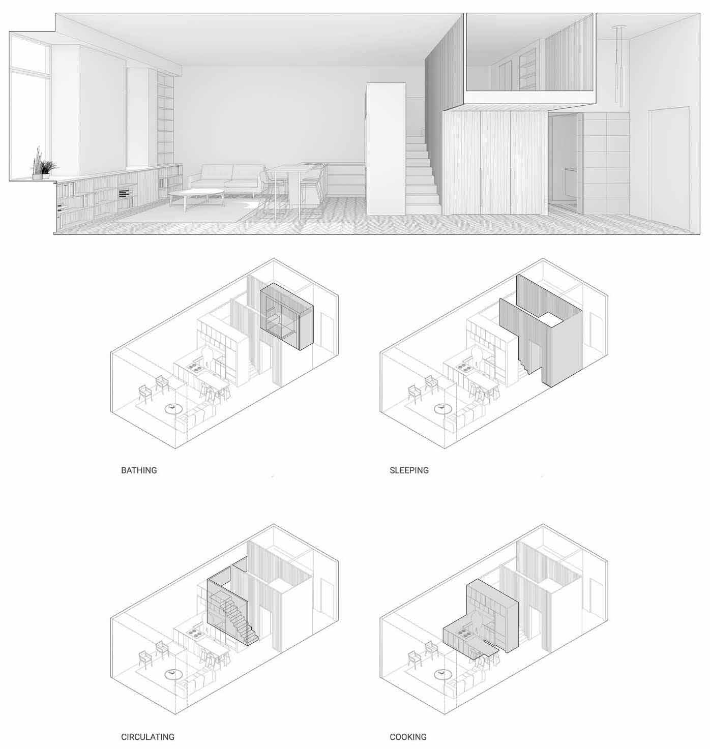 Architectural drawings for a renovated small loft apartment.